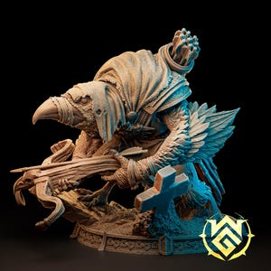 May include: A detailed figurine of a bird-like creature with a crossbow, wings, and a hooded cloak. The figure is in shades of brown and beige, with blue highlights. The base has a decorative border and a logo.