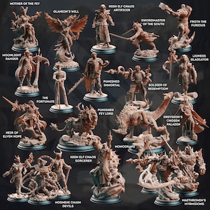 May include: A collection of 16 miniature figurines, each depicting a different character from a fantasy role-playing game. The figurines are painted in various colors and feature intricate details, such as weapons, armor, and facial expressions. The figurines are displayed on circular bases.