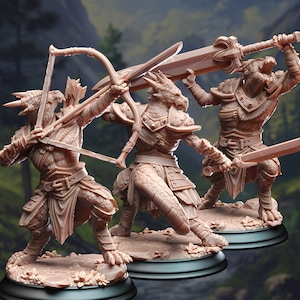 May include: Three detailed miniature figurines of humanoid figures with reptilian features, each holding a weapon. The figures are painted in a light brown color and are posed in dynamic stances. The figures are standing on circular bases.