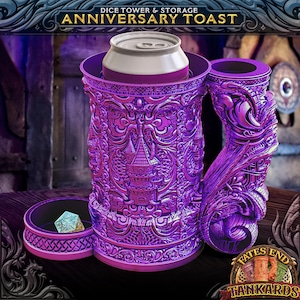 May include: Purple metal dice tower and storage container shaped like a beer stein with an intricate design. The container has a removable lid and a separate compartment for dice. The container is labeled "Anniversary Toast" and "Fates End Tankards".
