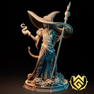 May include: A detailed figurine of a wizard, wearing a large hat and flowing robes, holding a staff and a glowing orb. The figure stands on a detailed base, with a logo in the lower right corner. The color palette is primarily neutral tones.