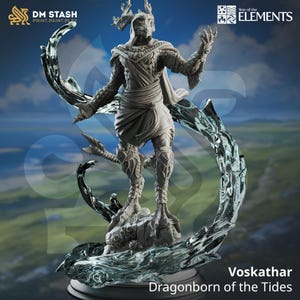 May include: A grey dragonborn miniature figure with antlers, wearing a flowing robe and standing on a base with water effects. The figure is part of the War of the Elements collection and is called "Voskathar, Dragonborn of the Tides".