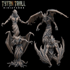 May include: Four detailed, grey, resin miniature figures of winged, demonic creatures with sharp teeth and claws. The figures are posed in various dynamic stances, with wings spread and claws extended. The figures are part of a set called "Tytan Troll Miniatures".