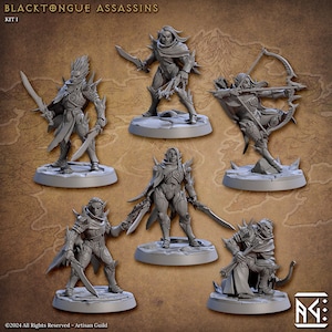 May include: A collection of six gray miniature figurines of Blacktongue Assassins. Each figure is posed in an action stance, some holding swords and others with bows and arrows. The figures are on circular bases, with the text "BLACKTONGUE ASSASSINS" at the top.