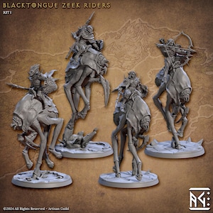 May include: Four gray plastic miniatures of riders on spider-like creatures. The riders are wearing hooded cloaks and holding weapons. The creatures have long legs and segmented bodies. The miniatures are on circular bases.