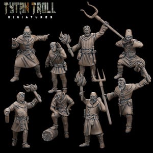 May include: A collection of miniature figures, likely for tabletop gaming, in various poses. The figures are dressed in medieval-style clothing and hold torches, pitchforks, and other props. The figures are a muted brown color, with the text "TYTAN TROLL MINIATURES" at the top.