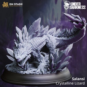 May include: A detailed miniature of a crystalline lizard, sculpted in gray plastic. The lizard has a spiky, crystal-like body and a menacing expression. The miniature is set on a black base with the text "Salansi Crystalline Lizard" printed below.