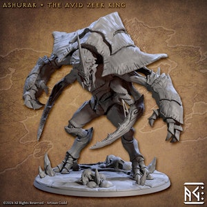 May include: A gray, detailed miniature of a creature with a large, spiky carapace, sharp claws, and a long, pointed tail. The creature is standing on a base with a rocky texture. The miniature is labeled "Ashurak - The Avid Zeek King".