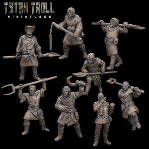May include: A collection of miniature figures, likely for tabletop gaming, depicting medieval peasants or villagers. The figures are in various poses, holding tools and weapons. The figures are a muted brown color, with the text "TYTAN TROLL MINIATURES" at the top.