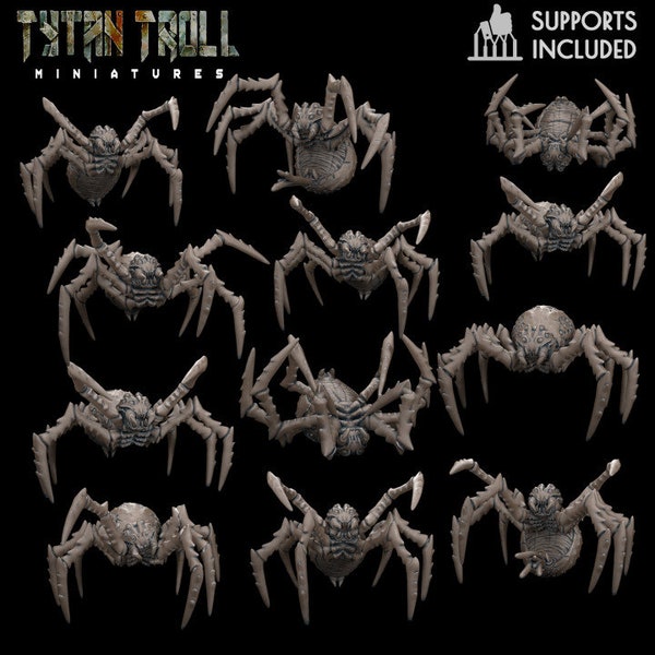 Giant Spiders - Set of 12 Miniatures - 3D Printed Resin - 32mm Scale - Tabletop Gaming - DnD Figures - Arachnid Minis - Tytantroll Figures