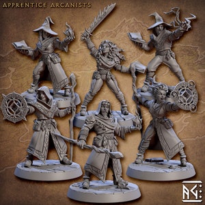 May include: A set of six gray painted miniature figurines depicting fantasy characters, each holding a magical staff or weapon. The characters are dressed in robes and armor, and they are standing on circular bases. The title "Apprentice Arcanists" is visible at the top of the image.