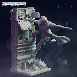 May include: A detailed 3D-printed figurine of a futuristic character leaping from a building. The figure is clad in armor and a flowing cloak, holding a weapon. The building has pipes, vents, and a corrugated roof. The text "CYBERSTASH" is at the top.