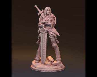 May include: A light pink, unpainted resin miniature figurine of a warrior standing on a circular base with scattered skulls. The figure holds a large, ornate broadsword upright with both hands and wears layered armor with fur-like textures.