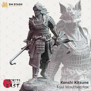 May include: A detailed gray figurine of a samurai warrior in full armor, holding two swords. The figure stands on a rocky base, with a ghostly image of a fox-like mask in the background. Text on the image reads "Kenshi Kitsune Foul Mouthed Fox."