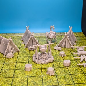 Adventurer&#39;s Campsite Terrain Set - Unpainted 32mm Scale Minis - Artisan Guild - Tabletop Gaming - TTRPG - LED Lit Campfire Available