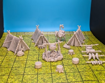 Adventurer's Campsite Terrain Set - Unpainted 32mm Scale Minis - Artisan Guild - Tabletop Gaming - TTRPG - LED Lit Campfire Available