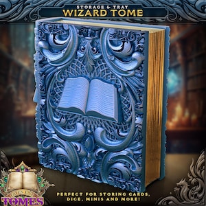 May include: A blue and gold storage box shaped like a book with an ornate design. The box is labeled "Wizard Tome" and "Storage & Tray".