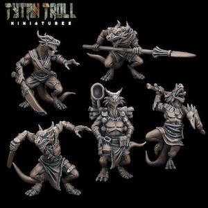 May include: Five miniature figurines of reptilian humanoids, each with unique details and weapons. The figures are painted in a muted brown color and appear to be made of plastic.