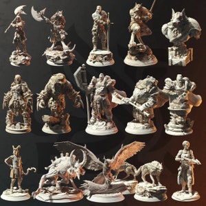 May include: A collection of detailed fantasy figurines, including warriors, mythical creatures, and busts. The figures are in various poses, some wielding weapons like axes and swords. The color palette is primarily neutral, with a focus on texture and form.