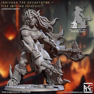 Puede incluir: Una figura miniatura gris y detallada de una guerrera con un casco con cuernos, sosteniendo dos hachas grandes. La figura está en una postura dinámica, con una pierna hacia adelante y un brazo levantado. La figura está sobre un fondo de llamas naranjas y rojas.