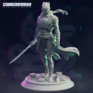 May include: A detailed, light-colored figurine of a futuristic warrior, holding a sword. The figure is clad in armor and a flowing cape, standing on a circular base. The text "CYBERSTASH" is visible at the top of the image.