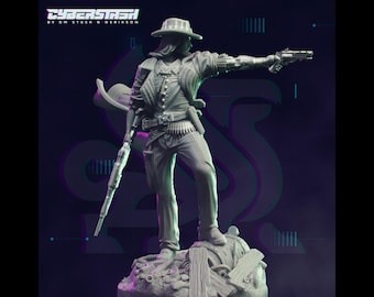 May include: A gray figurine of a cowboy with a hat, holding a rifle and a pistol. The cowboy is standing on a rocky base. The text "CYBERSTASH" is at the top of the image.