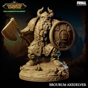 Dwarf Fighter Figure - Brourum Axedelver - 28/32/75mm Scale Unpainted Resin Minis - Primal Collectibles - TTRPG Fantasy - Uncharted Kingdoms