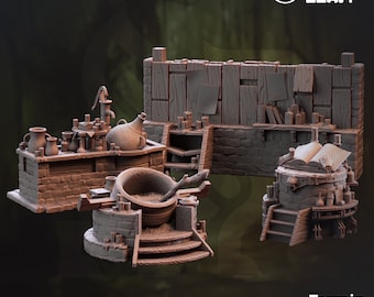 May include: A 3D printed miniature set for tabletop role-playing games, depicting a witch's hovel with a cauldron, shelves, and a table with a book. The set is made of gray plastic and is part of the "Granny Nora's Hovel" terrain collection.