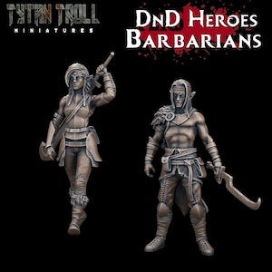 May include: Two painted miniature figures of barbarians, one female and one male, holding weapons. The female figure is wearing leather armor and holding a sword. The male figure is wearing leather pants and holding a curved sword. The figures are painted in a bronze color.