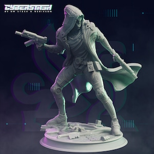 May include: A detailed, light-colored figurine of a futuristic warrior holding two guns. The figure is wearing a hooded jacket and tactical gear, standing on a circular base with debris. The text "CYBERSTASH" is visible at the top.