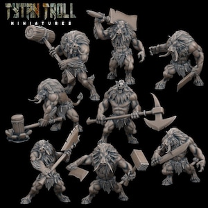 May include: Eight grey plastic miniature figures of boar-like creatures with different weapons, including axes, hammers, and swords. The figures are posed in various fighting stances. The figures are from the company "Titan Troll Miniatures".