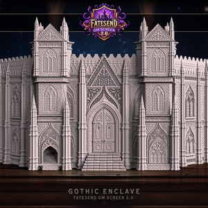 May include: A white, detailed, gothic-style building with a large double door entrance. The building is a 3D printed model for a tabletop game.