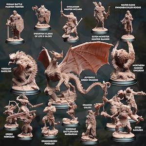 May include: A collection of 12 miniature figurines depicting various fantasy creatures and characters, including a green dragon, a basilisk, a masked owlbear, a human battle master fighter, a dwarven cleric, an elven monster hunter ranger, a dragonborn pugilist, a duergar battlerager barbarian, a dragon culist, a green kobold, an ettin savage, and a water elemi swashbuckler rogue.