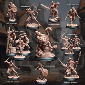 May include: A collection of miniature figurines, including a Human Fighter, Elven Ranger, and Goblin Queen. The figurines are in various poses, some wielding weapons. Text on the image includes "Dusty Derks Boss", "The Observer", and "Wizard of Guidance".