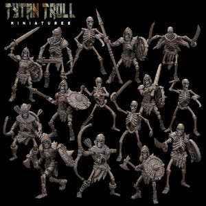 Skeleton Horde - Set of 16 Minis - 3D Printed - Resin - 32mm and 28mm Scale - Tabletop Gaming - D&D Miniatures with bases - Skeleton Army