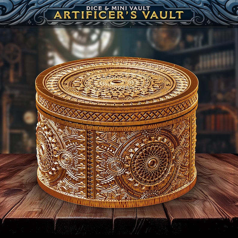 Pu&ograve; includere: Una scatola rotonda in legno color oro con intricati motivi geometrici intagliati. La scatola ha un coperchio e reca la scritta "Dice & Mini Vault Artificer's Vault" in lettere dorate. La scatola &egrave; appoggiata su una superficie di legno.