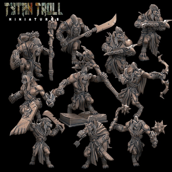 Gnoll Pack - Set of 10 Miniatures - 3D Printed Resin - 32mm Scale - Tabletop Gaming - DnD Figures - Gnoll Minis