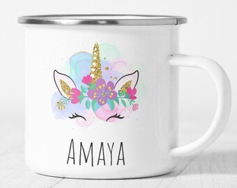 Einhorn Emaille Tasse Personalisiert mit Name,Personalisiertes Geschenk für Geburtstag,Kinder Emaille Tasse mit Name oder Spruch