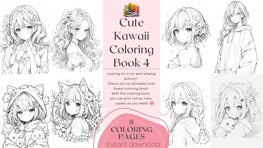 Cute Kawaii Coloring Book, 8 Printable Anime Coloring Pages, Kawaii ...