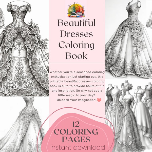 Livre de coloriage de robes | Coloriages de robe élégante | Beaux livres de coloriage de robe | 12 pages à colorier imprimables | Téléchargement numérique