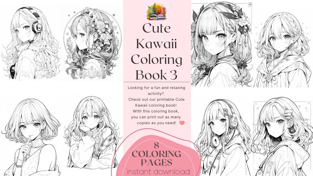 Cute Kawaii Coloring Book, 8 Printable Anime Coloring Pages, Kawaii ...