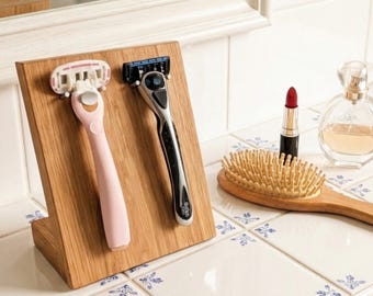 Rasiererhalter aus Eichenholz – Handgefertigter Ständer für Nassrasierer – Solo & Duo – Geschenk für Paare – Made in Germany