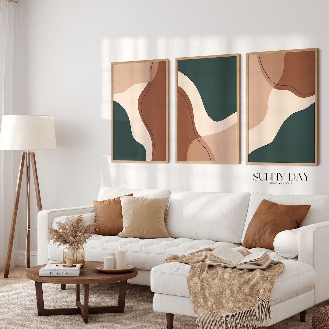Abstract Earth Tone Wall Art Set of 3 Prints, Line Art Decor Set, Mid Century Prints, Brown Tone
