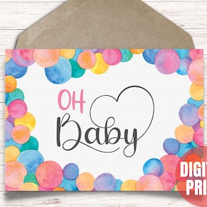 Cartão de bebê novo fofo com balões, cartão de boas-vindas do bebê, cartão Oh Baby, download instantâneo para impressão PDF JPG - cartão cortado e dobrado 5x7