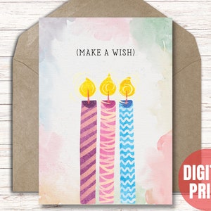 Druckbare Geburtstagskarte mit Kerzen, Wunschkarte für Freund, digitales Geschenk für Mitarbeiter, Sofortiger Download PDF JPG - 5x7 Cut and Fold Karte