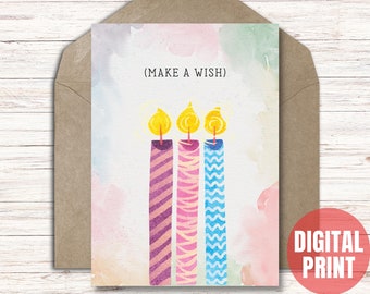 Printable Birthday Candles Card, Make a Wish Card for Friend, Digital Gift for Coworker, Instant Download PDF JPG - 5x7 Cut and Fold Card