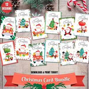 Digitale kerstkaartbundel, Afdrukbare kerstkaarten, Digitale download kerstkaarten, set van 12 kaarten, pdf/jpeg direct downloaden