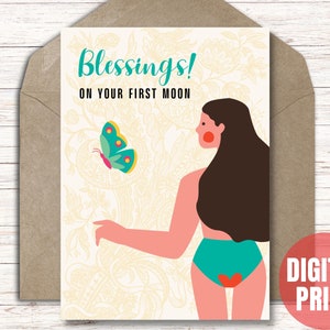Tarjeta del primer período para la hija, bendición de la primera luna imprimible, regalo divertido del período de mamá, descarga instantánea PDF JPG - Tarjeta de corte y plegado 5x7