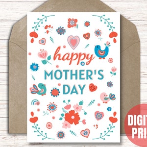 Cartão de Dia das Mães para Imprimir, Jardim Botânico de Flores Silvestres, Arte Ilustrada de Pássaros A4 Download Digital, Faça Você Mesmo, Imprima em Casa 5 x 7 polegadas