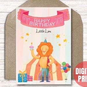 Biglietto d'auguri per il circo per ragazzi Biglietto d'auguri per il piccolo leone per bambini stampabile - Download istantaneo PDF JPG - Biglietto taglia e piega 5x7